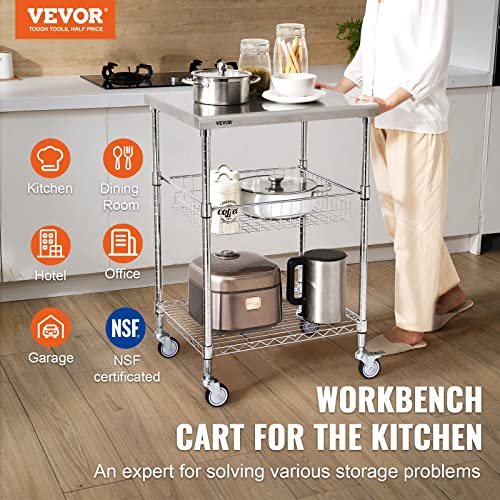 VEVOR Kitchen Utility Cart, 36.6"x20"x24" 3 Tiers Wire Rolling Cart, 470LBS Capacity Steel Service Cart with Brake Wheels, Storage Trolley with 76mm Basket PP Liner 6 Hooks, for Indoor & Outdoor Use - size: 24"D x 20"W x 36.6"H, style: Drawer Cart