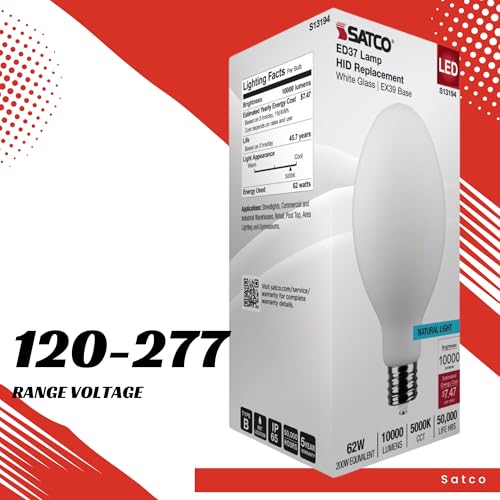 Satco S13194 62W LED HID Replacement Bulb, 5000K Natural Light, 10,000 Lumens, EX39 Mogul Extended Base, White Finish, 80+ CRI, Non-Dimmable, for Industrial and Commercial Fixtures