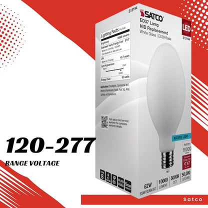 Satco S13194 62W LED HID Replacement Bulb, 5000K Natural Light, 10,000 Lumens, EX39 Mogul Extended Base, White Finish, 80+ CRI, Non-Dimmable, for Industrial and Commercial Fixtures