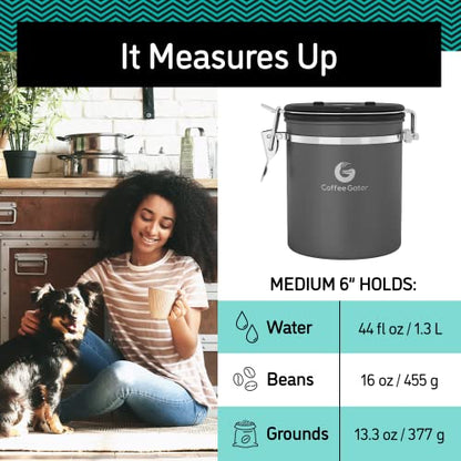 Coffee Gator Stainless Steel Canister - Medium 16oz, Gray Coffee Grounds and Beans Container with Date-Tracker, CO2-Release Valve, and Measuring Scoop - Ideal Coffee Lovers Gifts - color: Gray, size: 16oz