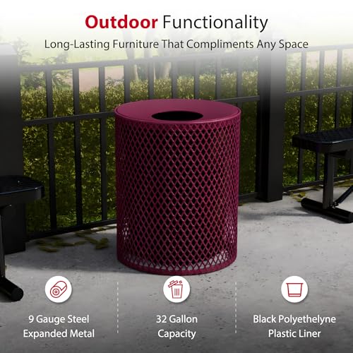 Leisure Craft 32 Gallon Commercial Outdoor Trash Can, Metal, Made in USA - color: Burgundy