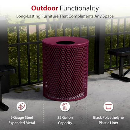 Leisure Craft 32 Gallon Commercial Outdoor Trash Can, Metal, Made in USA - color: Burgundy