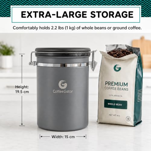 Coffee Gator Coffee Canister, 39oz Large Airtight Stainless Steel Container - color: Gray, size: 39oz