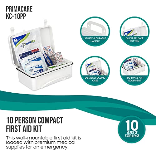 Primacare KC-10PP 10 Person Compact First Aid Kit, 8"x5"x3", with 102 Pieces Emergency Medical Supplies, Portable Kits for Home, School and Office, Wall Mount, White - size: 10 Person Kit