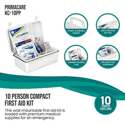 Primacare KC-10PP 10 Person Compact First Aid Kit, 8"x5"x3", with 102 Pieces Emergency Medical Supplies, Portable Kits for Home, School and Office, Wall Mount, White - size: 10 Person Kit