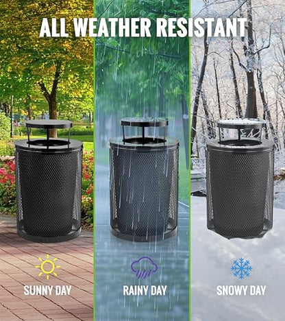 Alpine Outdoor Trash Can 36 Gallon Diamond Steel Commercial Metal Waste Bin with Leak Proof Liner, Heavy Duty Steel Mesh Design, Rain Bonnet Lid & Flat Lid for Parks, Streets, and Public Spaces-Black - style: Rain Bonnet Lid & Flat Lid