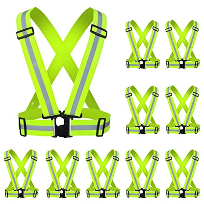 Reflective Strap Safety Vest Gear - 2-10 Pack Adjustable High Visible Reflective Running Gear for Women Men Night - color: Green x10