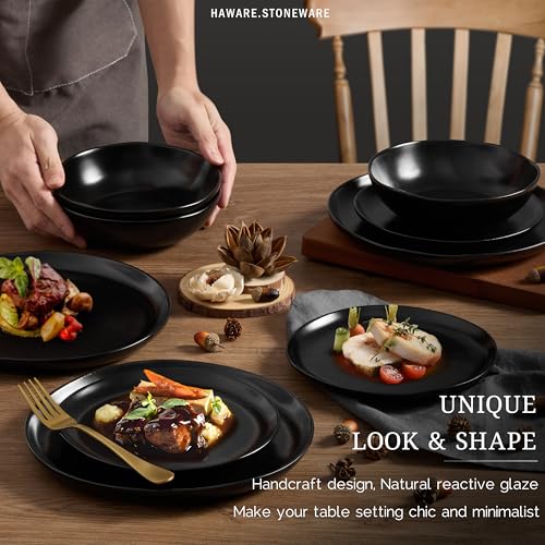 HaWare Plates and Bowls Set, Stoneware Dinnerware Sets, 18-Piece - color: Matte Black, size: 18 Pieces- Service for 6