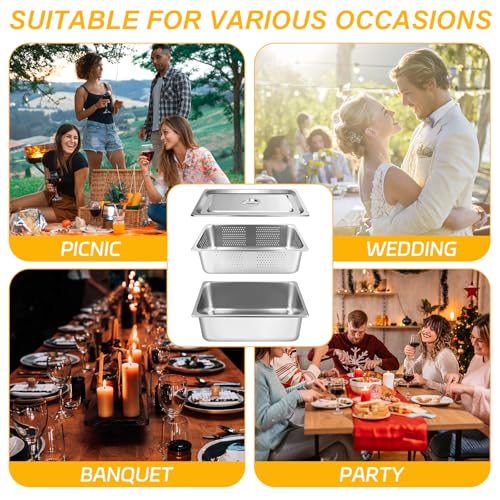 3 Pack Full Size 6 Inch, 8 Inch Hotel Pan with Lid Perforated Steam Table Pan Chafing Pans Steam Table Tray Stainless Steel Restaurant Supplies for Buffets Catering Commercial Kitchen - size: 8 inch