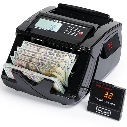 BODIOO Professional Money Counter Machine with UV/MG/IR/DD Detection, High-Speed 1000 Bills per Minute, USD and EUR Support, External LCD Display,Black