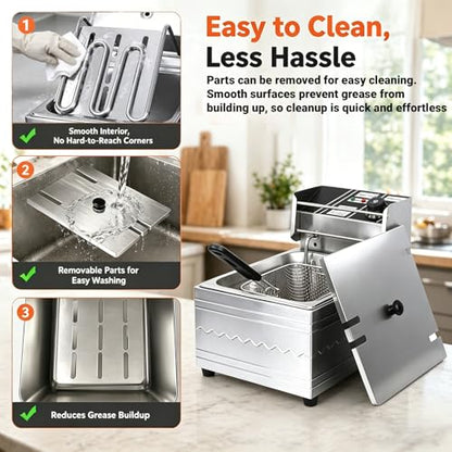 Electric Deep Fryer with Basket, Stainless Steel, 10.5Qt