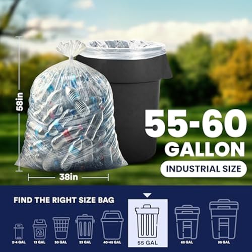 Plasticplace - W55LDC2 55-60 gallon Trash Bags │ 2 Mil │ Clear Heavy Duty Garbage Can Liners │ 38” x 58” 1 Count (Pack of 50) - color: Clear, size: 1 Count (Pack of 50)