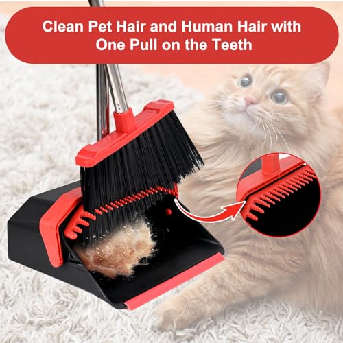 Broom and Dustpan Set for Home, 51" Long Handle Standing Dustpan Black Red - color: Black and Red