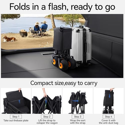 DXZ Beach Wagon Cart with Big Wheels for Sand – Folding Collapsible Wagon, Heavy Duty Wagons Carts Foldable for Beach, Camping, Outdoor Gear, Easy Setup Black Yellow - color: Black Yellow