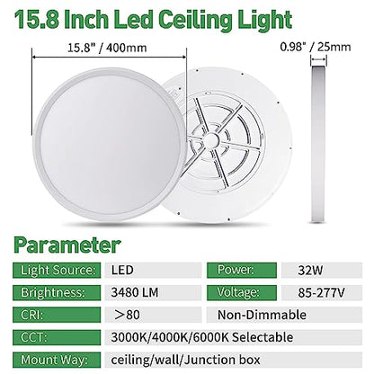 15.8Inch White LED Flush Mount Ceiling Light, 32W, 3480LM, 3CCT Selectable - color: White, size: 15.8" 1PK