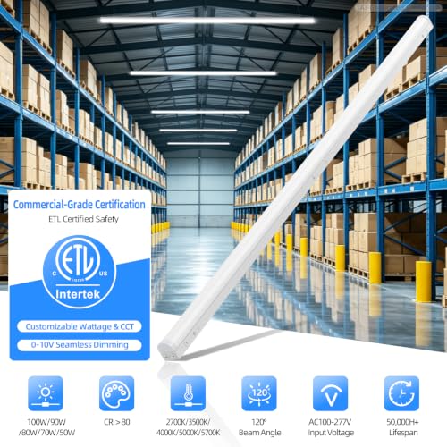 8FT LED Linear Strip Light, 100W/90W/80W/70W/50W 5 Wattage Adjustable, 2700K/3500K/4000K/5000K/5700K 5CCT Selectable, ETL Listed Dimmable Commercial 8ft LED Shop Light for Garage Workshop, 4 Pack - size: 8FT