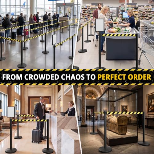 8-Pack Black Stainless Steel Crowd Control Stanchions, 9.8 ft Retractable Black and Yellow Stripe Safety Belts with 2 Sign Holders(Black and Yellow Stripe Belt) - color: Black stanchions w Black and Yellow Stripe Belt, size: 8 pcs
