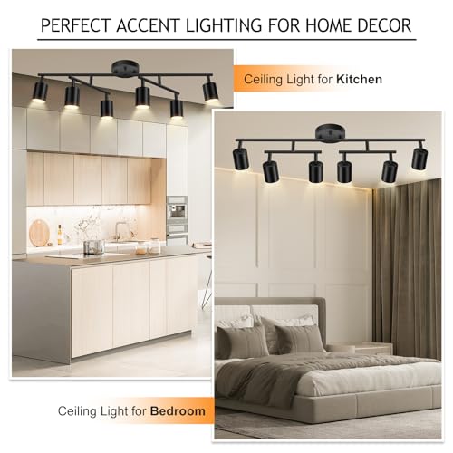 BoostArea 6 Light Track Lighting Kit, Black 6 Way Ceiling Spot Lighting, Center Swivel Track Light Heads, Flexibly Rotatable Light Head for Kitchen, Living Room, Bedroom, GU10 Bulb Not Included - color: Rotatable-6 Light-black