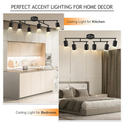 BoostArea 6 Light Track Lighting Kit, Black 6 Way Ceiling Spot Lighting, Center Swivel Track Light Heads, Flexibly Rotatable Light Head for Kitchen, Living Room, Bedroom, GU10 Bulb Not Included - color: Rotatable-6 Light-black