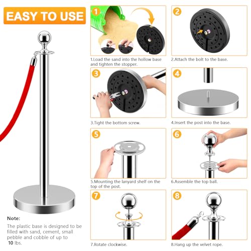LOVMOR Crowd Control Stanchion, Rope Safety Barriers with 5 ft Red Rope, Red Carpet Poles for Theaters Hotels Clubs Party Ceremony, 4PCS - color: Silver-4pack