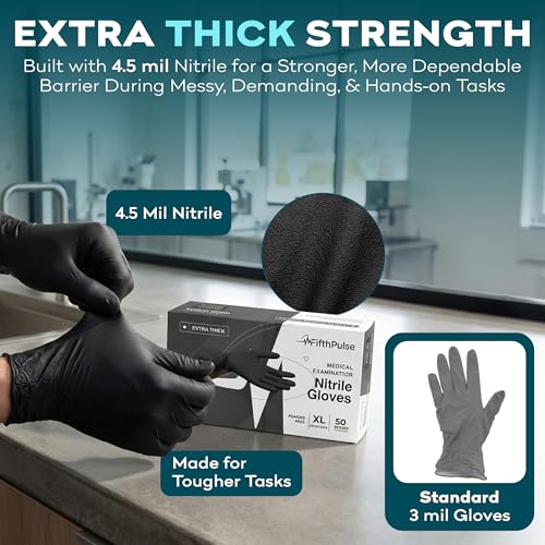 Disposable Black Nitrile Gloves Small 50 Count - Extra Thick 4.5 Mil - Powder and Latex Free Rubber Gloves - Surgical Medical Exam Gloves - Food Safe Cooking Gloves - size: Small