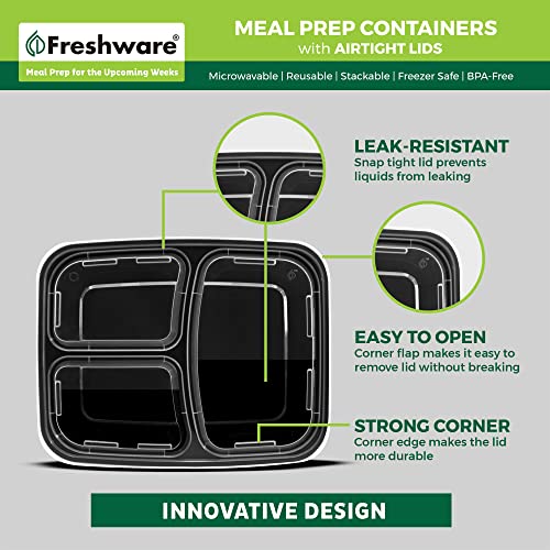 Freshware Meal Prep Containers with Lids [15 Pack] 3 Compartment, Food Storage Containers, Bento Box, BPA Free, Stackable, Microwave/Dishwasher/Freezer Safe (32 oz) - size: 3-COMP-32OZ-15PK