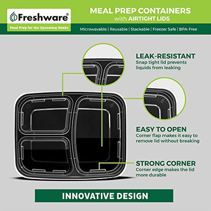 Freshware Meal Prep Containers with Lids [15 Pack] 3 Compartment, Food Storage Containers, Bento Box, BPA Free, Stackable, Microwave/Dishwasher/Freezer Safe (32 oz) - size: 3-COMP-32OZ-15PK
