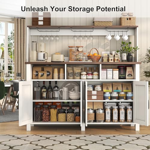 knoworld Buffet Sideboard with Storage Hutch with Power Outlet 4 Doors, Large Farmhouse Kitchen Storage Cabinet Wood Coffee Bar Cabinet with Cup Holder & Hooks for Kitchen, Dining Room,55"W White Rack