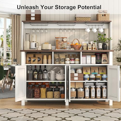 knoworld Buffet Sideboard with Storage Hutch with Power Outlet 4 Doors, Large Farmhouse Kitchen Storage Cabinet Wood Coffee Bar Cabinet with Cup Holder & Hooks for Kitchen, Dining Room,55"W White Rack