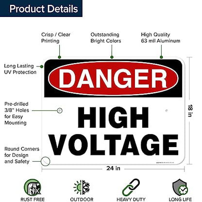 Danger High Voltage Sign, 18x24 Inches, Rust Free .063 Aluminum, Fade - size: 18x24 - Aluminum