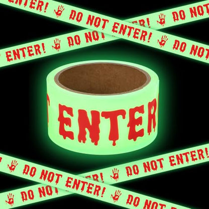CCINEE 2INx16.4FT Glow in The Dark Halloween Caution Tape, Scary Do Not Enter Adhesive Warning Tape Roll for Indoor Outdoor Halloween Party Yard Haunted House Danger Zone Barricade Decorations