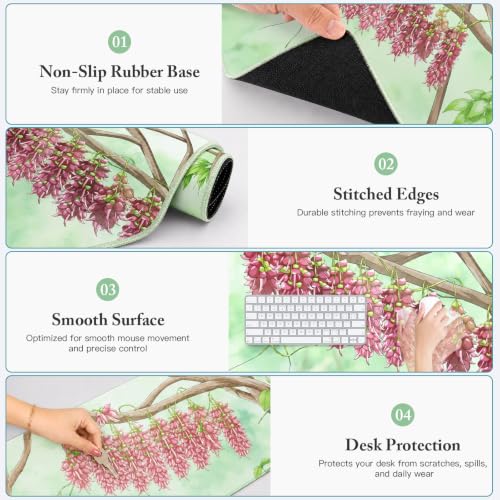 Large Mouse Pad Pink Wisteria Desk Mat Extended Keyboard Cover 35.4 x 15.7 - color: Pink Dream Visteria