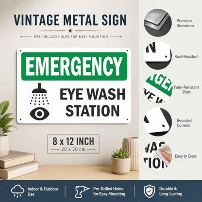 Emergency Eye Wash Station 8X12 Inch Aluminum Metal Sign, For Industrial Workshop, Lab, Commercial Workplace, Public Building