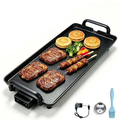 PineyPlace Electric Griddle for Bacon, Eggs, Pancake, Breakfast and Camping Grilling, 1400W NonStick Flat Top Indoor Grill, 5 Adjustable Temperatures, Dishwasher Safe, Black, 22.83 x10.24inches