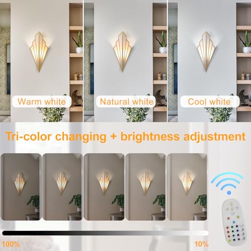 Modern Battery Operated Wall Sconces Set of Two, Simple Creative Wall Lamp Art Deco Lighting Fixture with Remote Control, RGB Dimmable Led Wall Light for Bedside Bedroom Living Room (Gold) - color: Gold