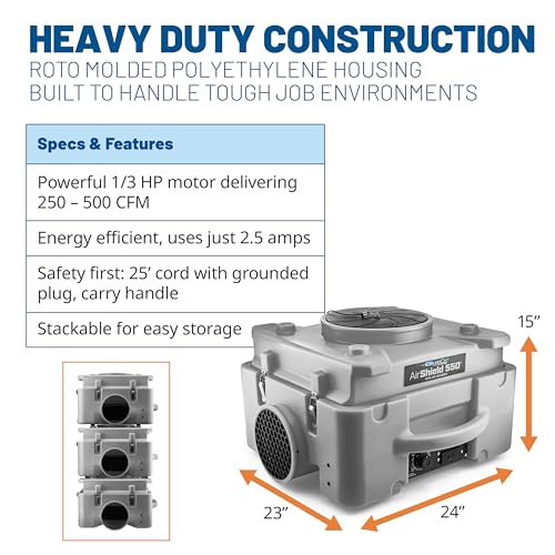 BlueDri Air Shield 550 HEPA Air Scrubber, Water Damage Restoration Equipment Air Purifier, Covers 1400 Sq. Ft, Daisy Chain Capable, For Commercial Use, Gray, BD-AS-550 - color: Grey
