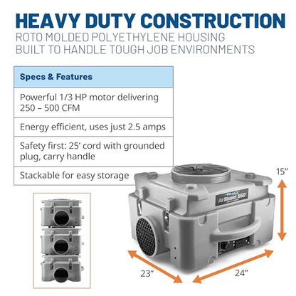 BlueDri Air Shield 550 HEPA Air Scrubber, Water Damage Restoration Equipment Air Purifier, Covers 1400 Sq. Ft, Daisy Chain Capable, For Commercial Use, Gray, BD-AS-550 - color: Grey