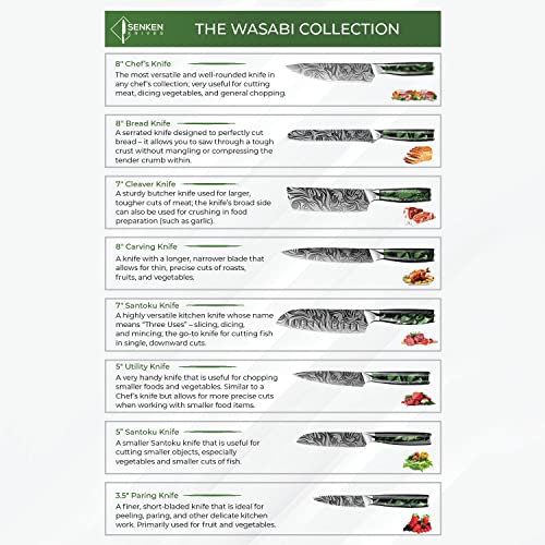 SENKEN 8-piece Engraved Japanese Kitchen Knife Set & Beautiful Green Resin Epoxy Handles - Wasabi Collection - Chef's Knife, Santoku, Cleaver, Paring, & More - size: 8-Piece Chef Knife Collection