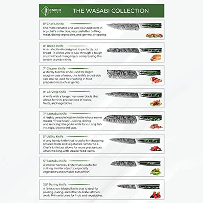 SENKEN 8-piece Engraved Japanese Kitchen Knife Set & Beautiful Green Resin Epoxy Handles - Wasabi Collection - Chef's Knife, Santoku, Cleaver, Paring, & More - size: 8-Piece Chef Knife Collection