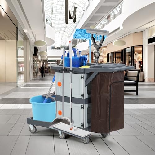 3 Shelf Commercial Janitorial Cart,2 Lockable Cabinets, Oxford Bag & Dust Cover,Wheel Rolling Housekeeping Cart for School, Hotel, Apartment & More