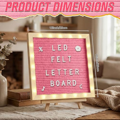10 x 10 Inches Felt Letter Board & LED Light, Pink, Natural Wood - color: Pink, size: 10 x 10 Inches, style: Natural Wood