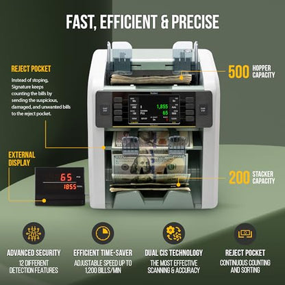 KOLIBRI Money Counter Machine I LCD Display I Bank Grade I Advanced 2CIS/UV/MG/IR/MT/DD/HLF/SN IRT Detection I Mixed Denomination I Multi-Currency I Reject Pocket I 3-Years Warranty I Signature - color: White/Gray (Signature)