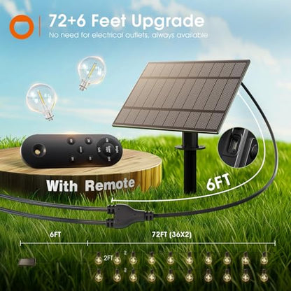 addlon 78FT(72+6) Solar String Lights with Remote, 38 LED G40 Bulbs - size: 72FT