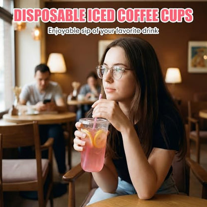 Ziliny 50 Pack 20 oz Plastic Cups with Lids Straws Iced Coffee, Pink - color: Pink, size: 20 oz