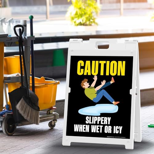 Caution Slippery When Wet Or Icy Folding Floor Sign, 18x24 Inches, Portable A Frame, Made in USA by My Sign Center - size: 18x24 Plastic