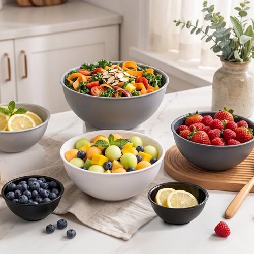 BoxedHome BPA Free Plastic Round Mixing Bowl with Lids, 12 Pack Nesting Bowls with Lids Set, Microwave and Dishwasher Safe Prep & Serving Bowls Great for Mixing, Baking, Serving (Grey, 12pcs) - color: Gray