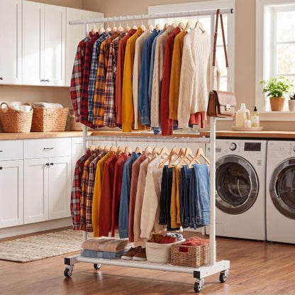 Sywhitta Double Rod Metal Clothing Rack on Wheels with Bottom Mesh,White - color: White, size: With mesh
