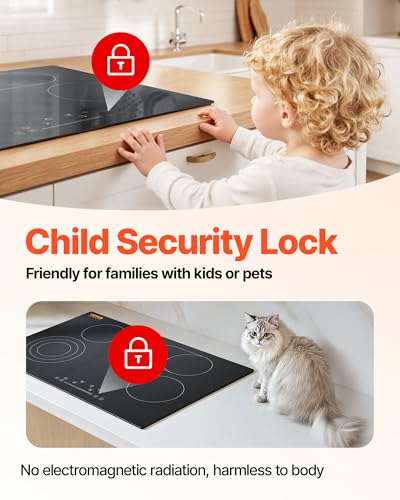 VEVOR 30" 4 Burner Built-in Electric Radiant Cooktop, Touch Sensor Ceramic Stove Top, 7200W,240V Hardwired No Plug, Residual Heat Indicator, Timer Child Lock, 9 Power Levels for Simmer, Steam, Fry - size: 30 IN-4 Burner+Touch Control