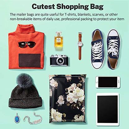 10X13 (100 Pack) Floral Pattern Poly Mailer Envelope Plastic Custom Mailing & Shipping Bags - Self Seal (White Rose) - color: White Rose