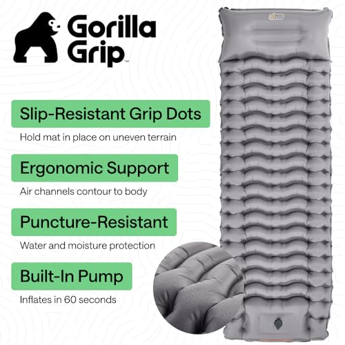 GORILLA GRIP Slip-Resistant Inflatable Sleeping Pad with Grip Dots, Foot Pump, Puncture Resistant Lightweight Camping Mattress, Air Mats Travel Backpacking, Inflating Bed Camp Sleep Pads Tent, Gray - color: Gray
